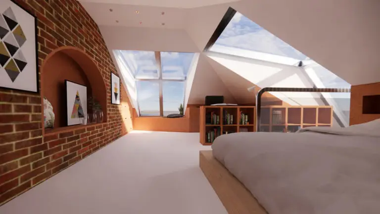 Loft Conversion, Bedroom, Modern style dormer windows, exposed brick and reading / desk corner