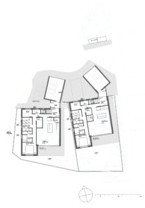 Ground Floor Architectural drawing of 2 new build design , twin properties , a master bedroom with ensuite bathroom and walk in wardrobe, private hall, office space, utility room, kitchen and lounge area