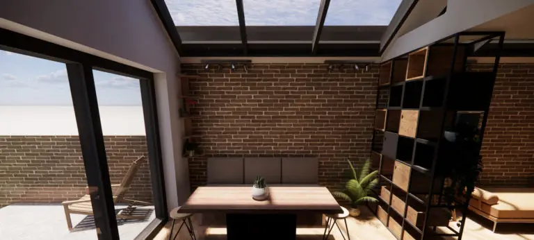 Exposed Brick and Sandy Tones under the skylights, Cozy vibes, interior Architecture