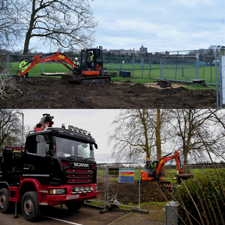 Demolition of the old Tennis Club house. in Home Park, Windsor Castle at the Backround