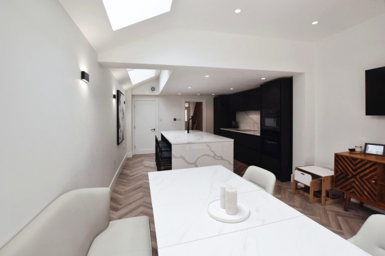 Kitchen Dining area, skylights and high ceiling